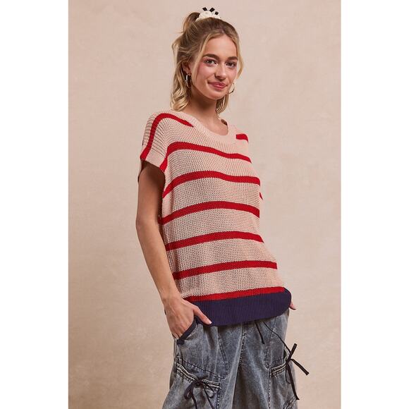 BiBi Fourth Of July Stripe Pattern Drop Shoulder Pullover Sweater | Oatmeal/Red - Picture 4 of 9